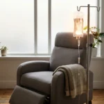 A single infusion bag on a stand beside an empty treatment chair