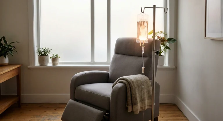 A single infusion bag on a stand beside an empty treatment chair