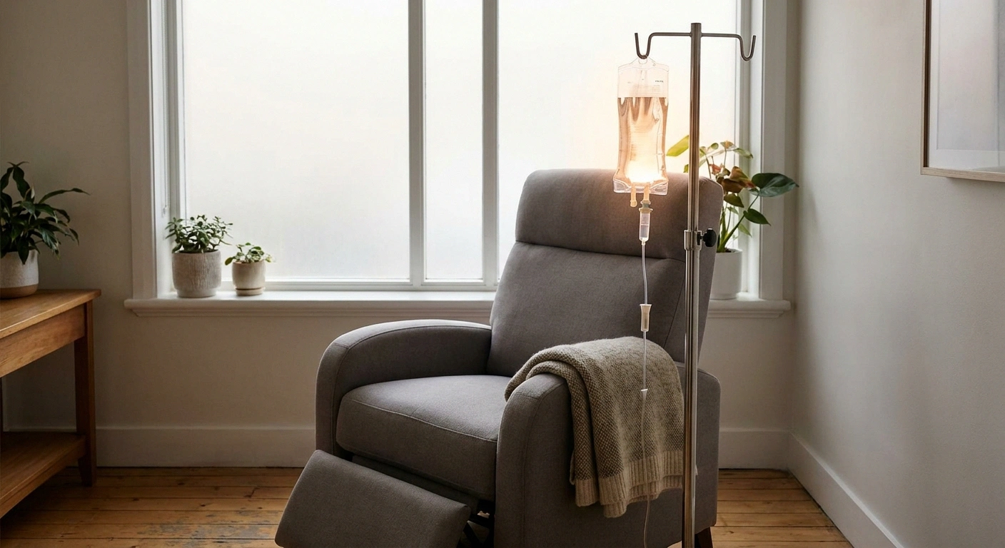 A single infusion bag on a stand beside an empty treatment chair
