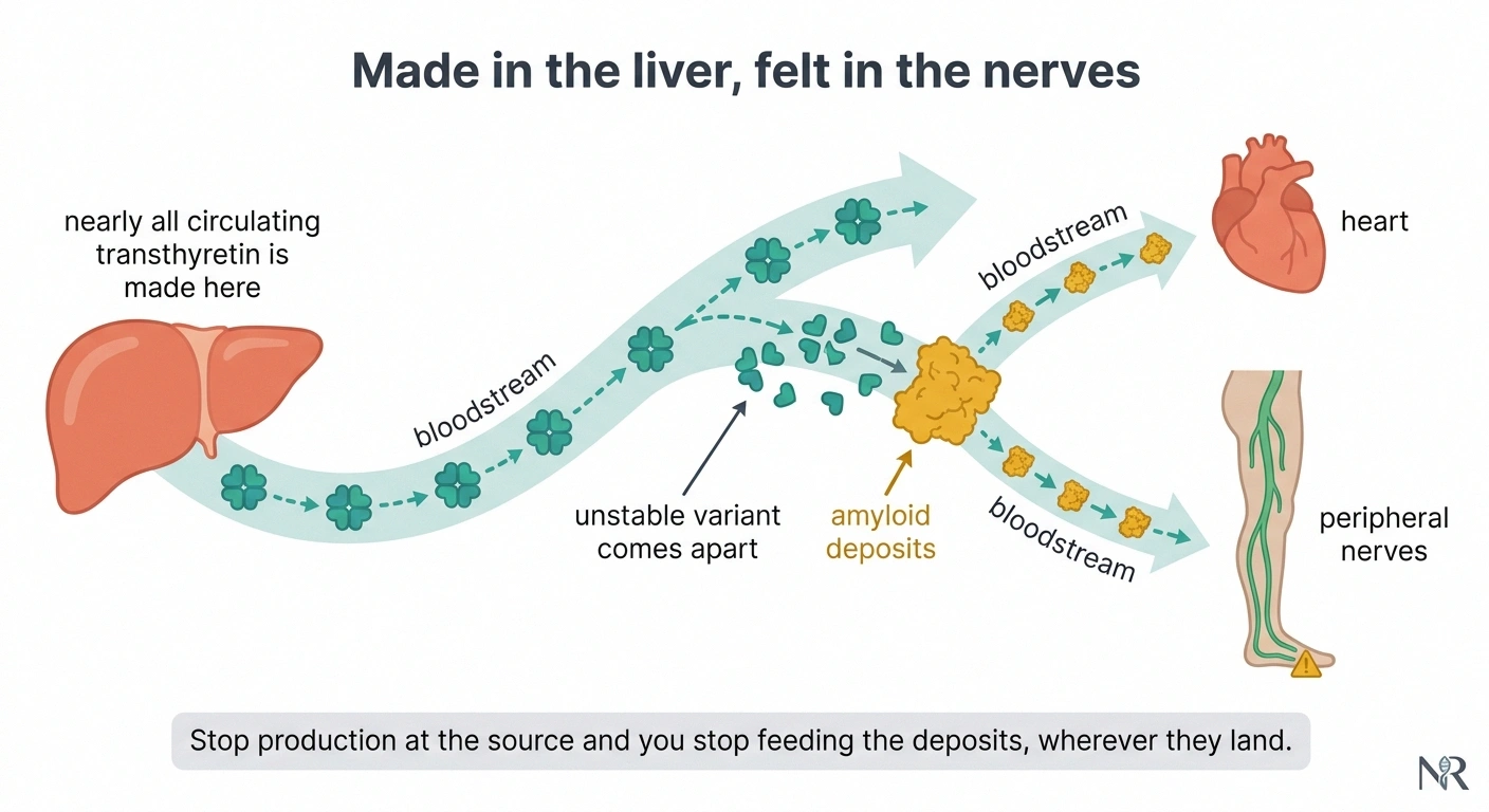 Diagram of transthyretin made in the liver depositing in heart and nerves