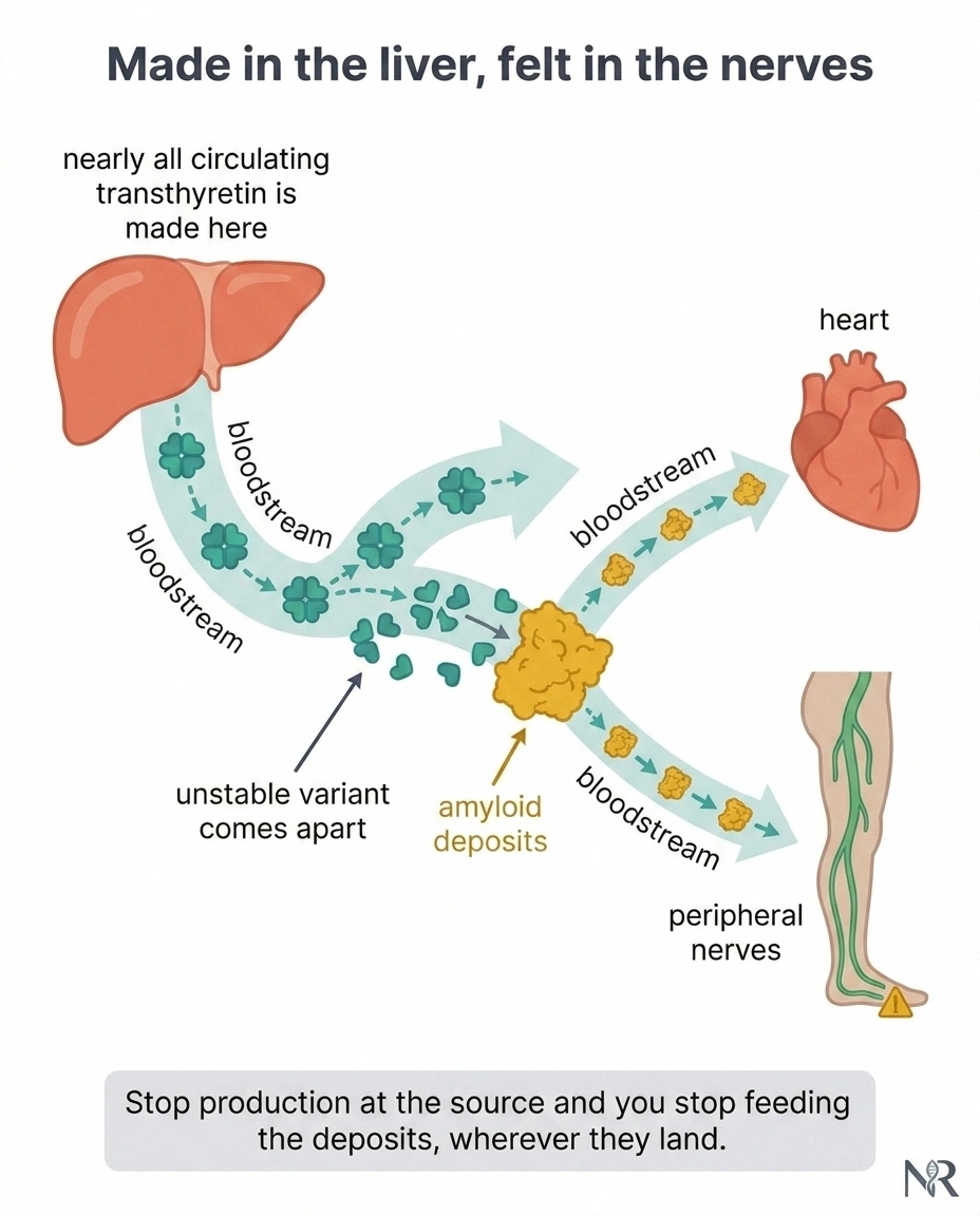 Diagram of transthyretin made in the liver depositing in heart and nerves