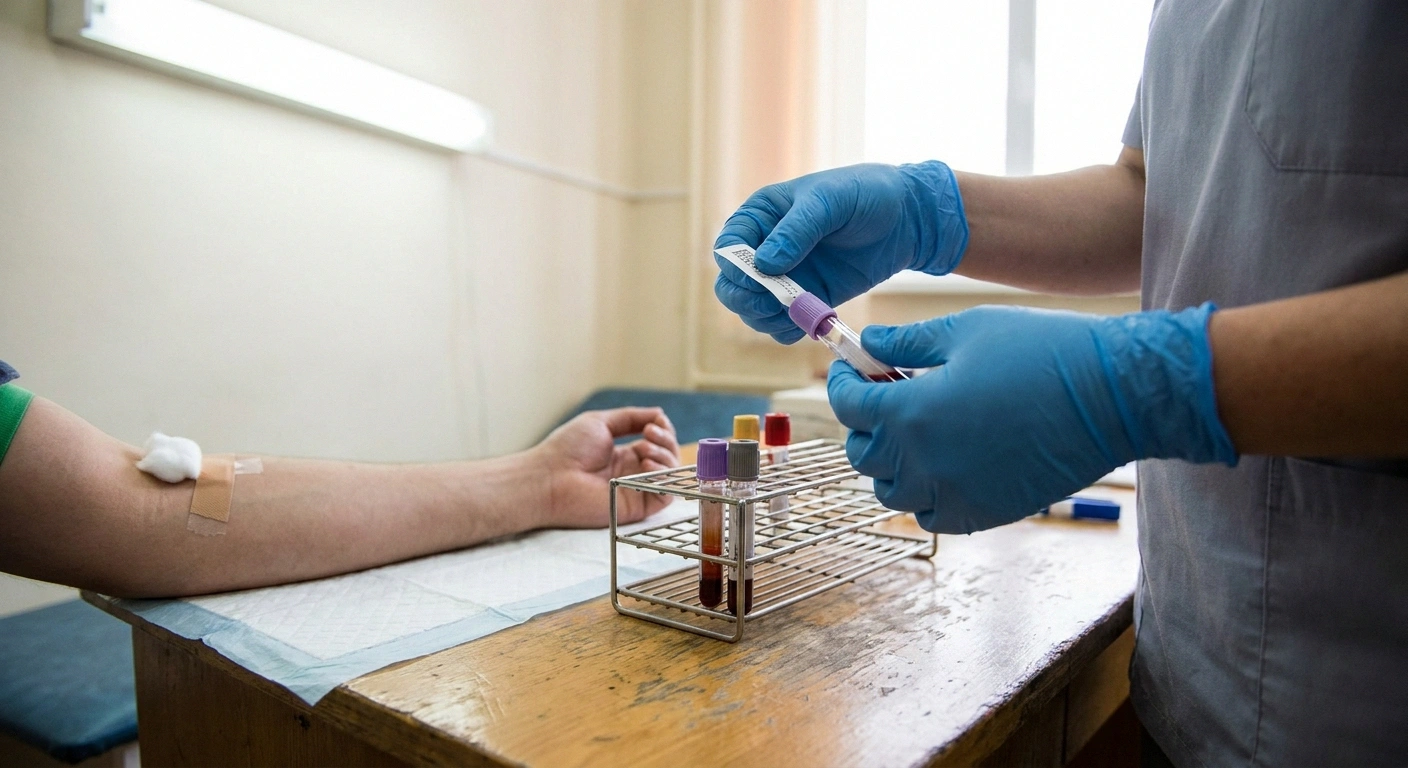 Gloved hands labelling blood collection tubes during routine monitoring
