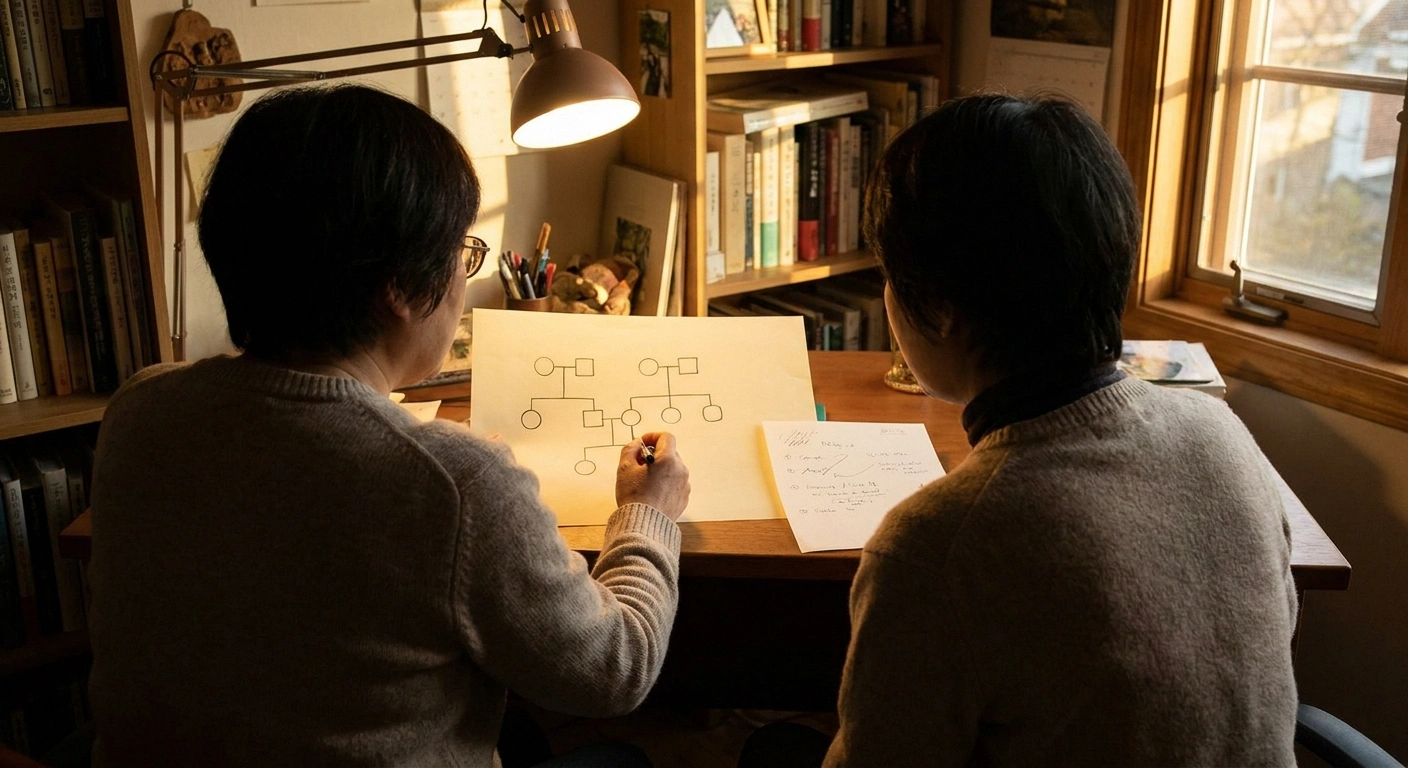 Two people reviewing a hand-drawn family tree during a genetics consultation