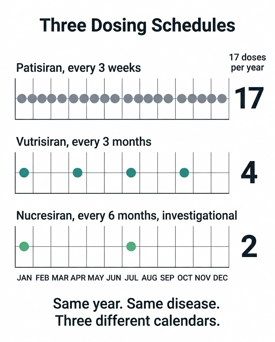Three year-long calendar strips comparing 17, 4 and 2 treatments per year