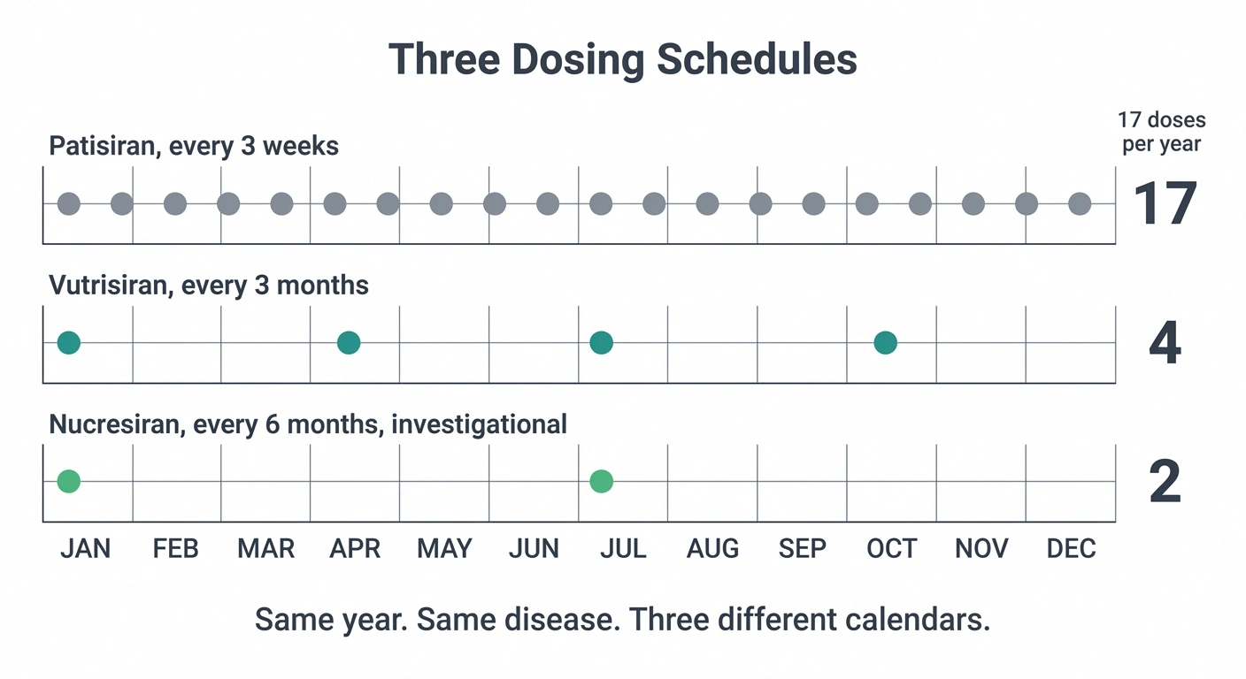 Three year-long calendar strips comparing 17, 4 and 2 treatments per year