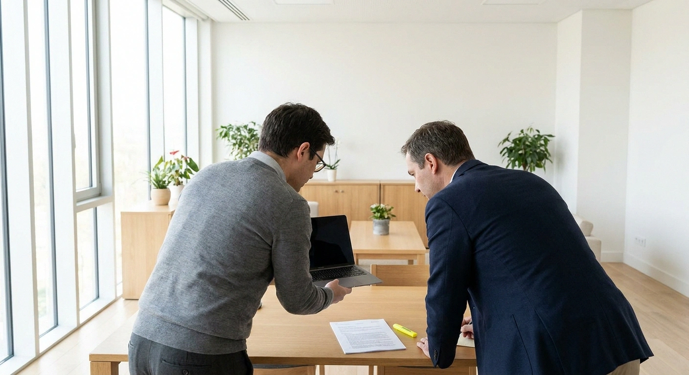 Two people reviewing a document together at a table in a bright consulting room