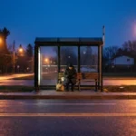 A person waiting alone at a bus shelter in blue pre-dawn light with a walking stick