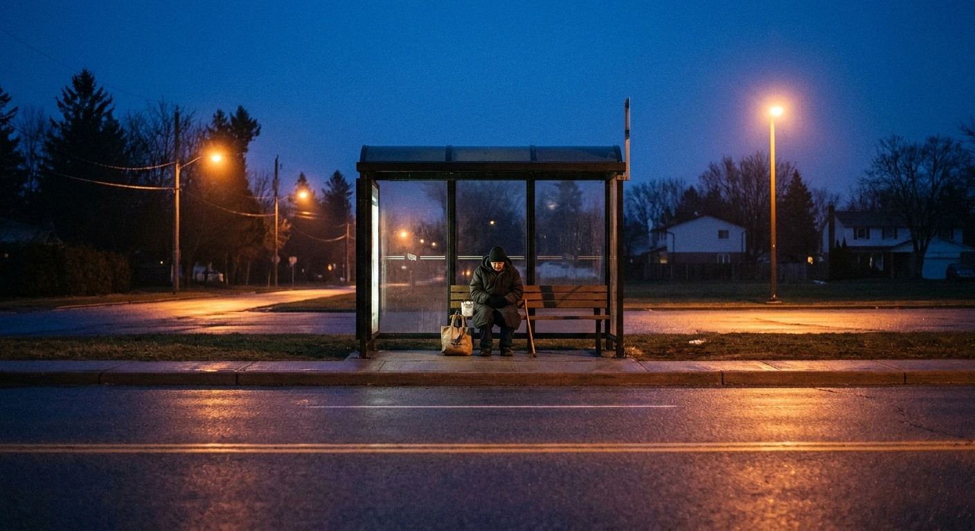 A person waiting alone at a bus shelter in blue pre-dawn light with a walking stick