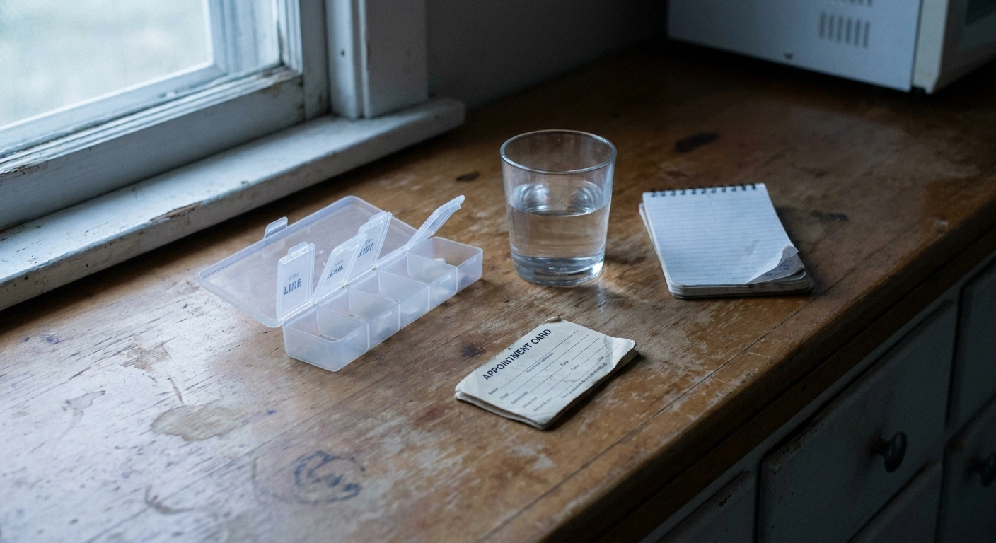 A pill organizer, glass of water and notebook on a counter in early morning light