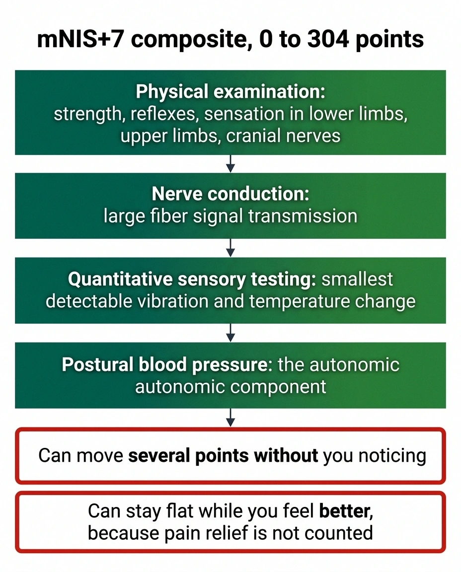 Segmented bar showing the four components of the mNIS plus 7 impairment score