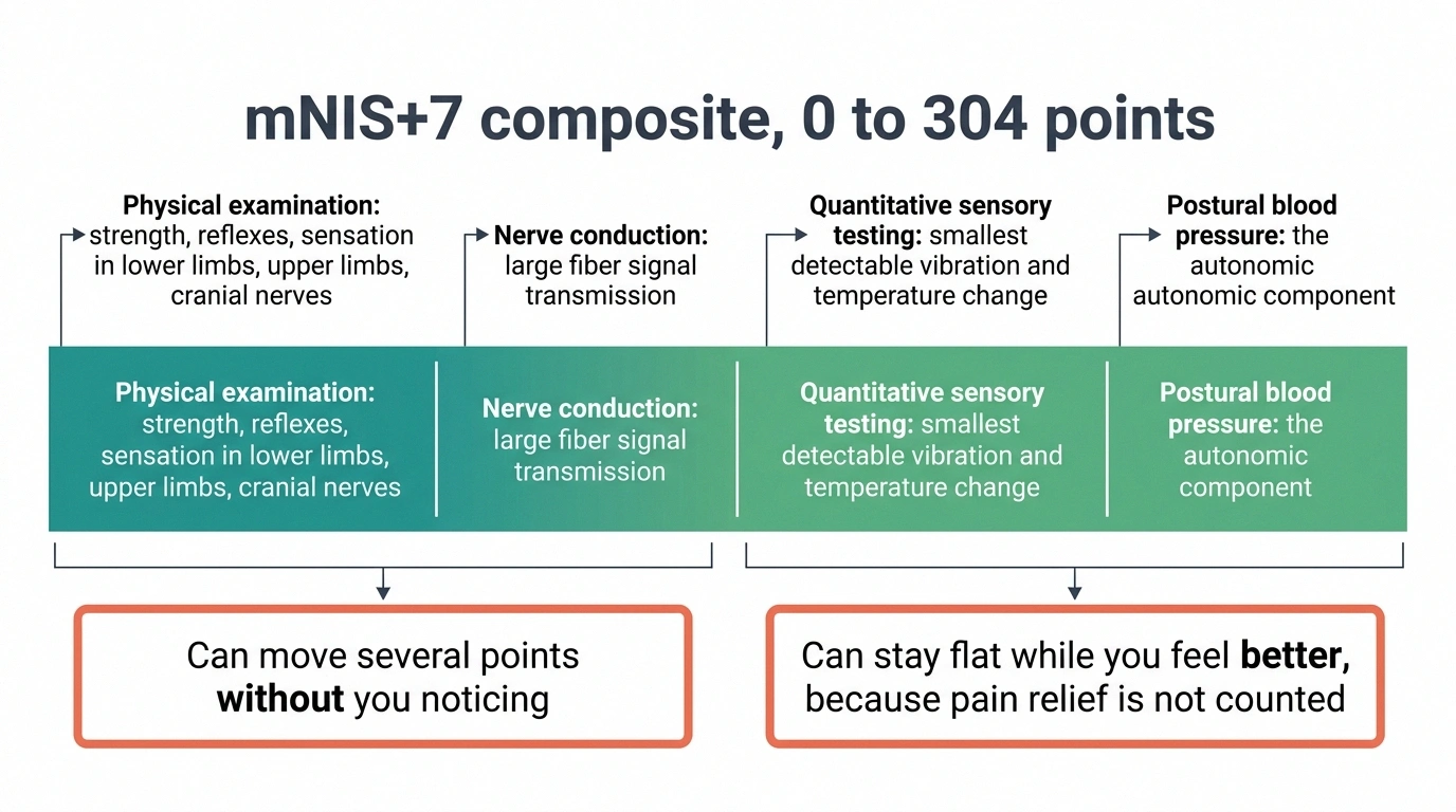 Segmented bar showing the four components of the mNIS plus 7 impairment score