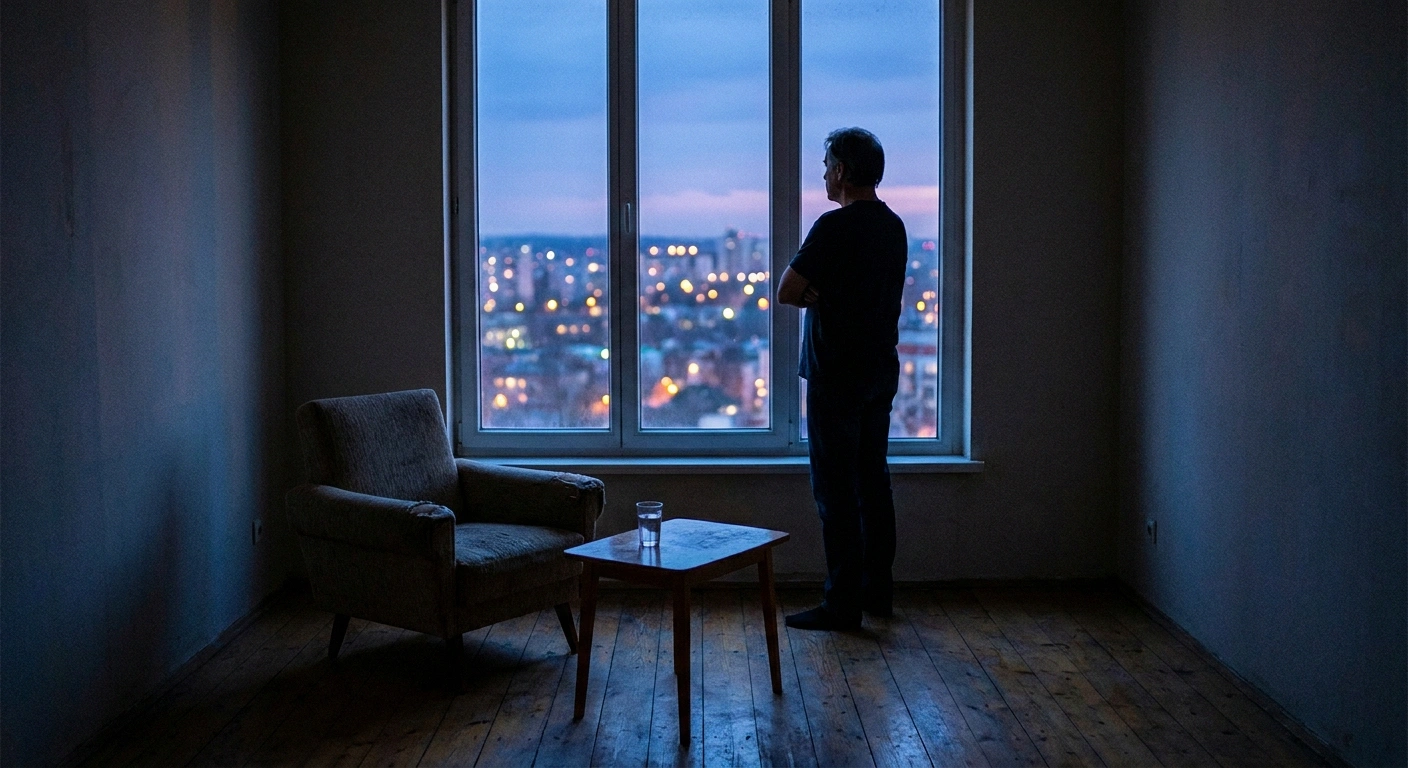 A person standing at a tall window at dusk in a sparsely furnished room