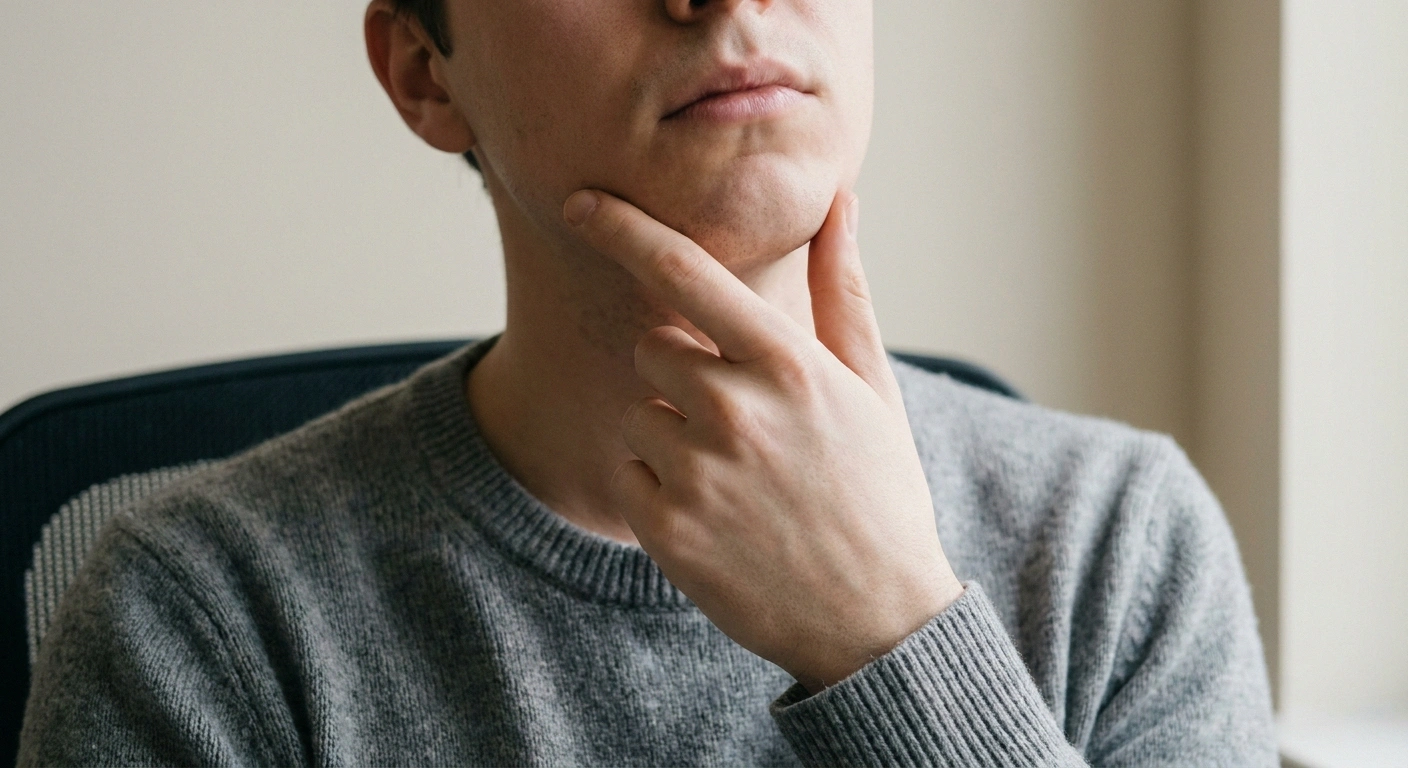 A seated person tracing along their own jaw with a fingertip to show where sensation is absent