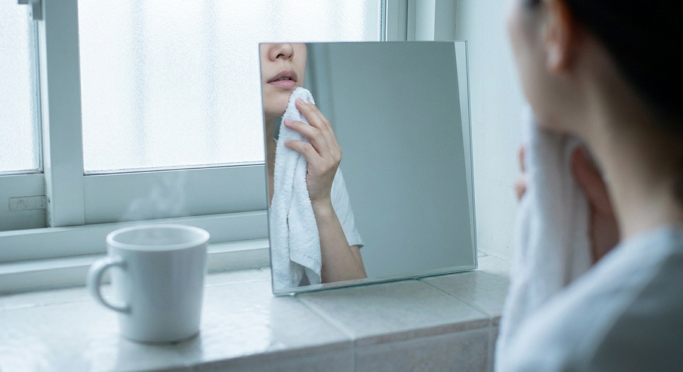 A person checking their lower lip in a bathroom mirror beside a steaming mug on the counter