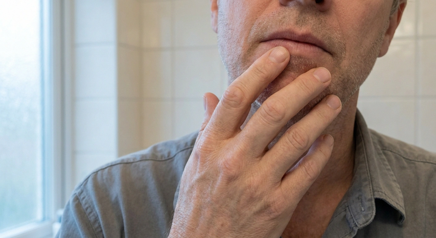 A person touching their own lower lip and chin, seen close and cropped below the eyes