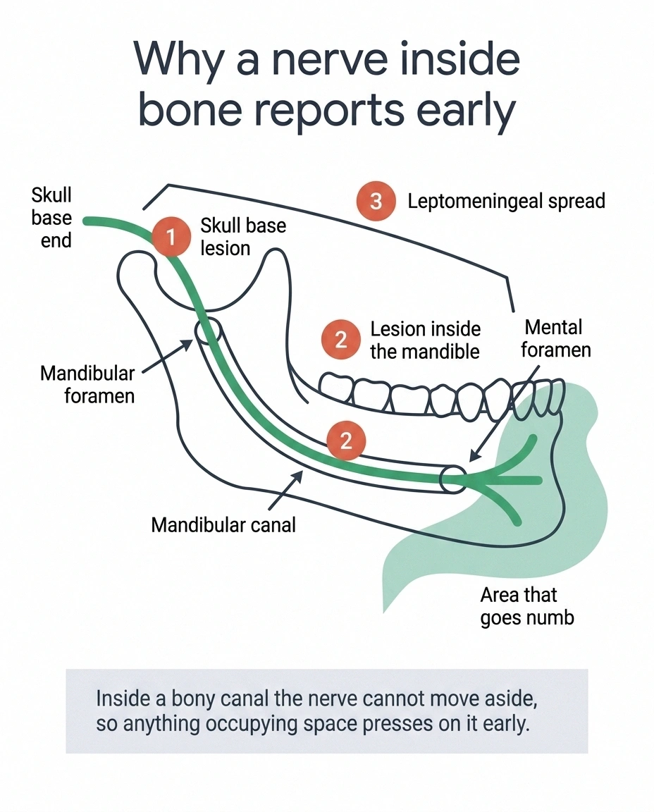 Diagram of the inferior alveolar nerve travelling through the jawbone to the chin, with three lesion sites marked