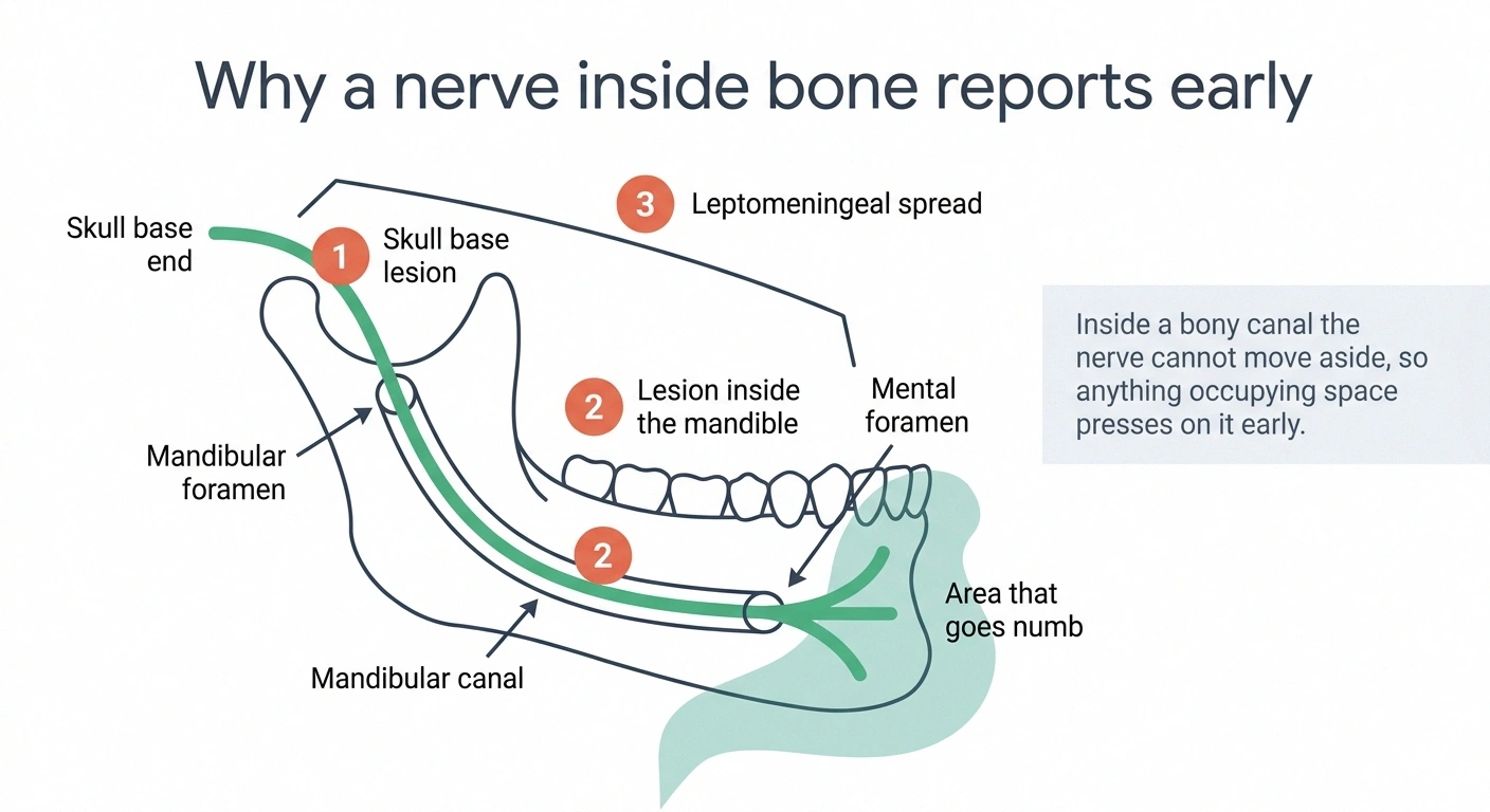 Diagram of the inferior alveolar nerve travelling through the jawbone to the chin, with three lesion sites marked