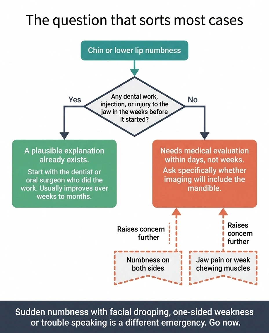 Decision tree branching on whether recent dental work explains new chin numbness