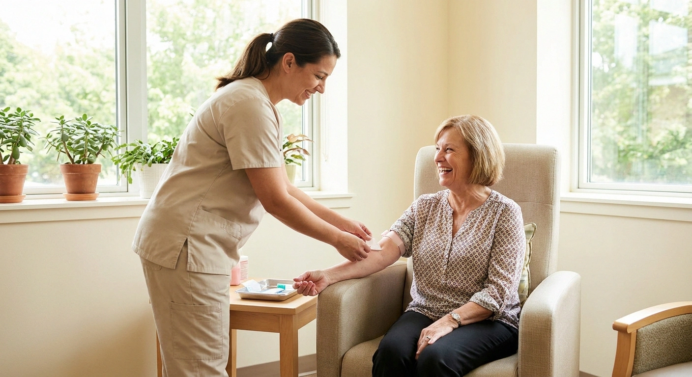 Relaxed woman having routine blood drawn in a bright sunlit outpatient room.