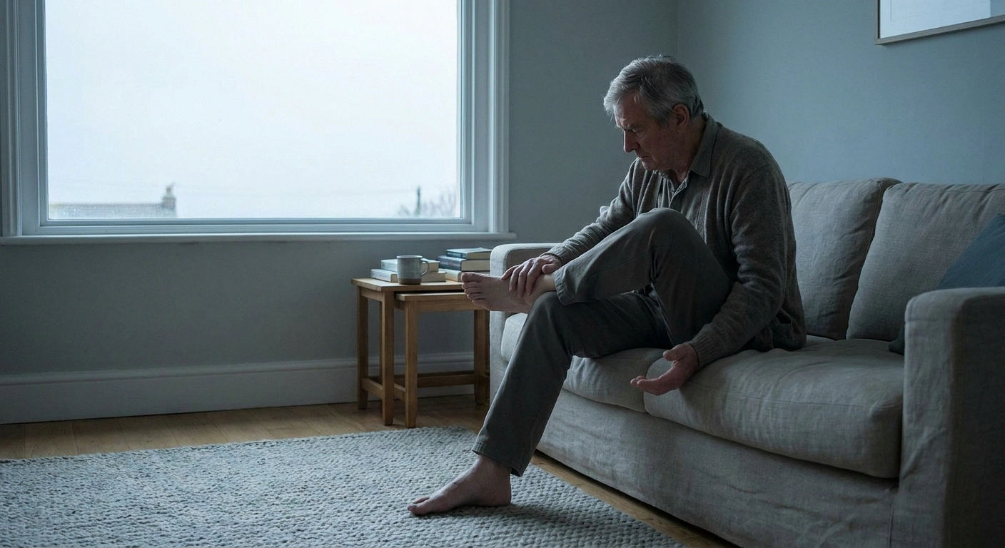Man on a sofa resting one hand on his bare foot, other hand open.
