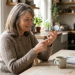 Woman at a kitchen table touching her own fingertips to check sensation.