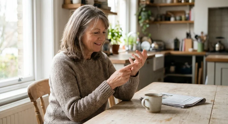 Woman at a kitchen table touching her own fingertips to check sensation.