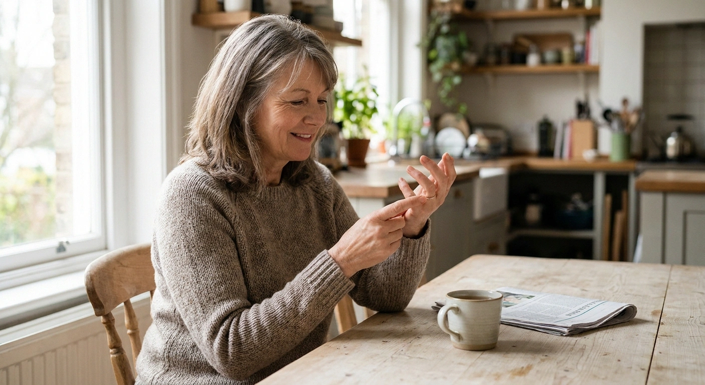 Woman at a kitchen table touching her own fingertips to check sensation.