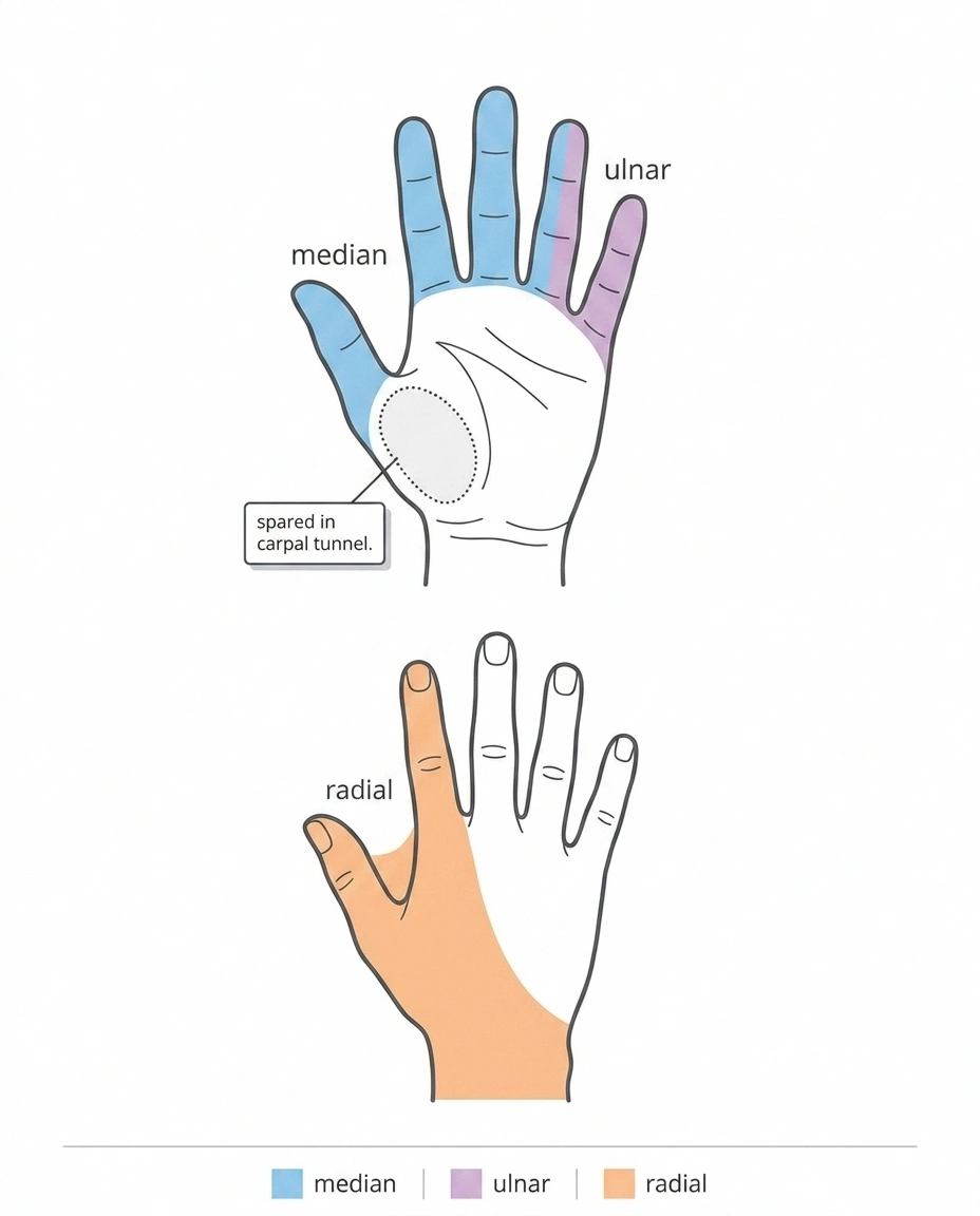 Diagram of two hands shaded into median, ulnar and radial nerve territories.
