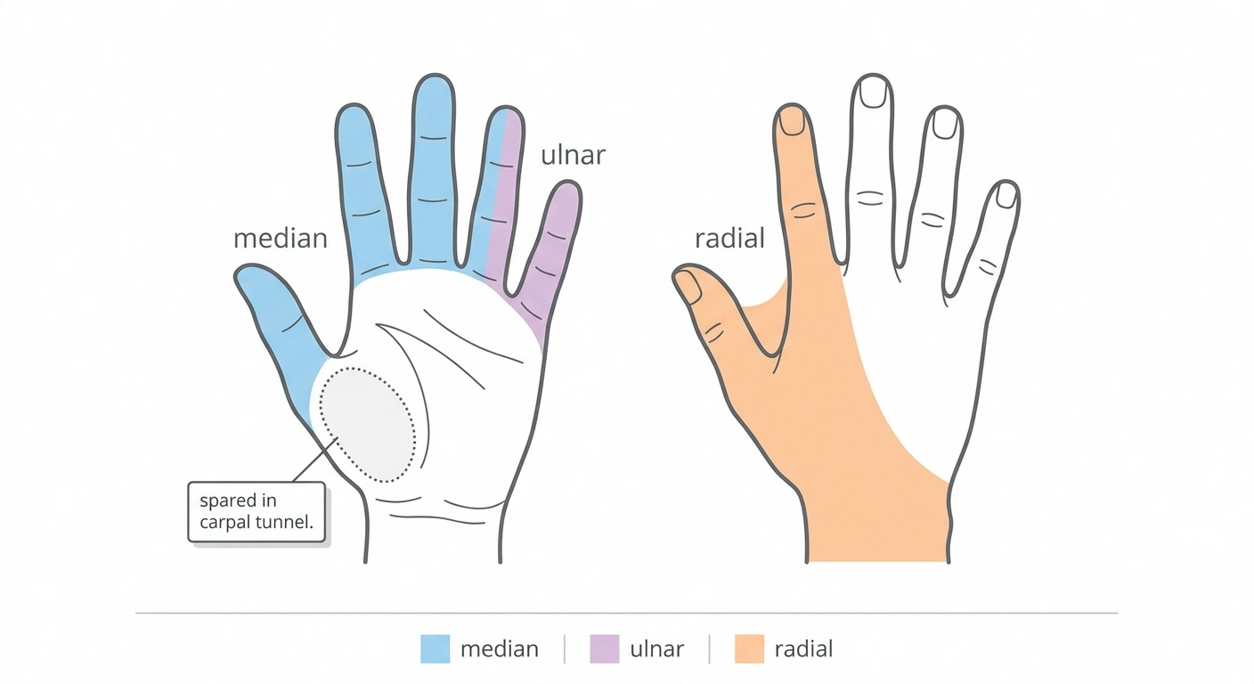 Diagram of two hands shaded into median, ulnar and radial nerve territories.