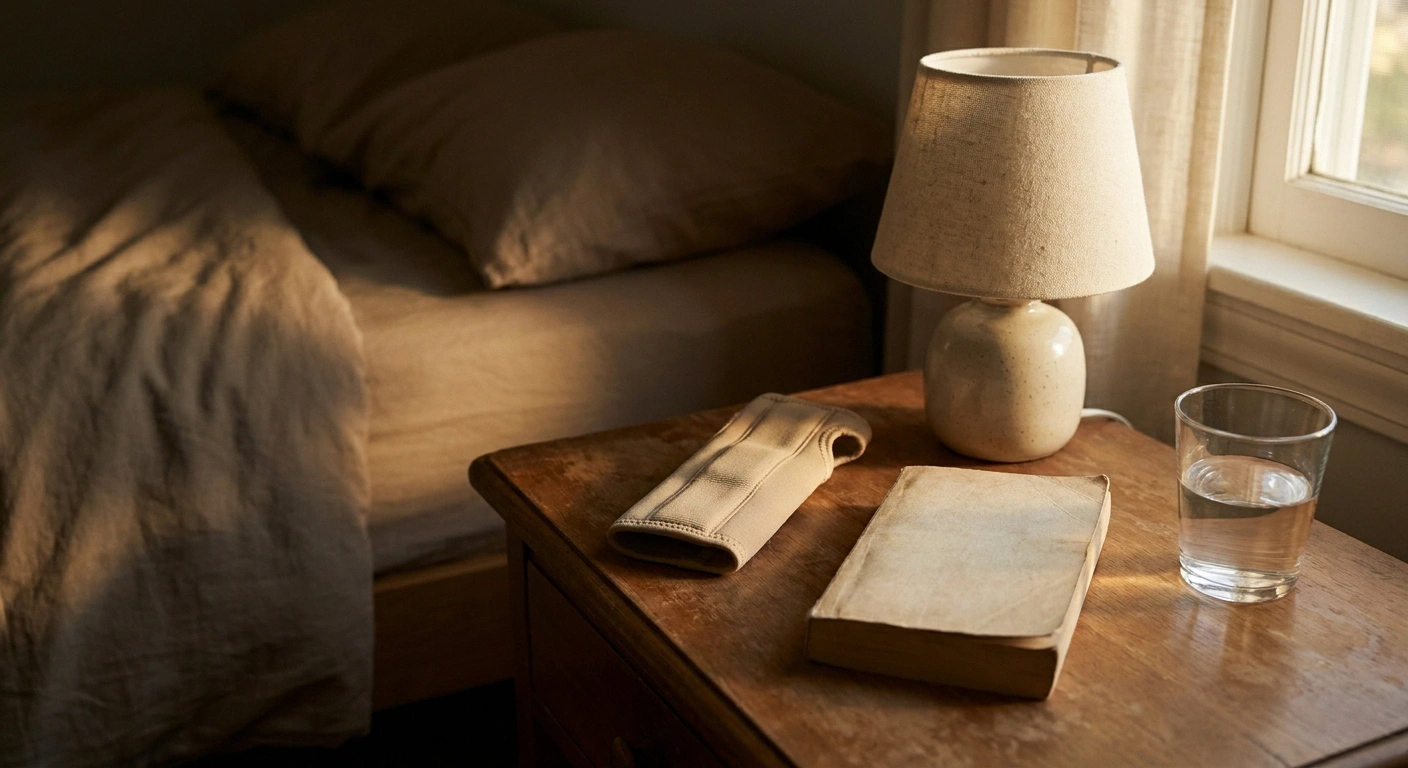 Plain wrist splint on a nightstand beside a lamp and a book.