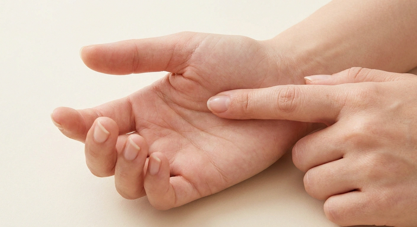 Close view of one hand pressing the fleshy palm pad below the thumb.