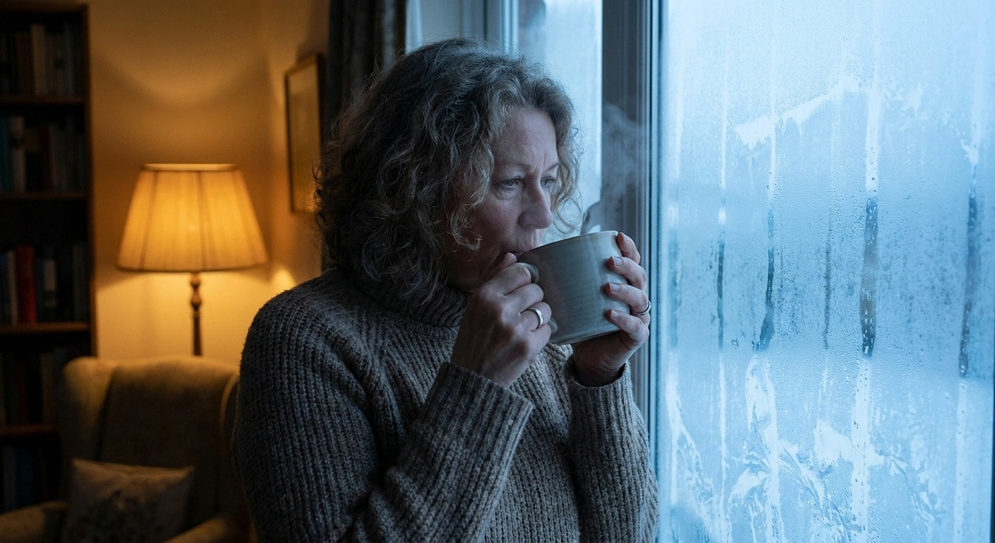 Woman at a frosted window warming both hands around a large mug.