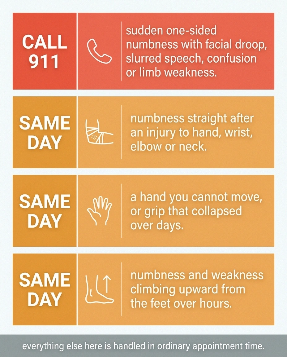Four-band triage card separating call-911 signs from same-day signs.