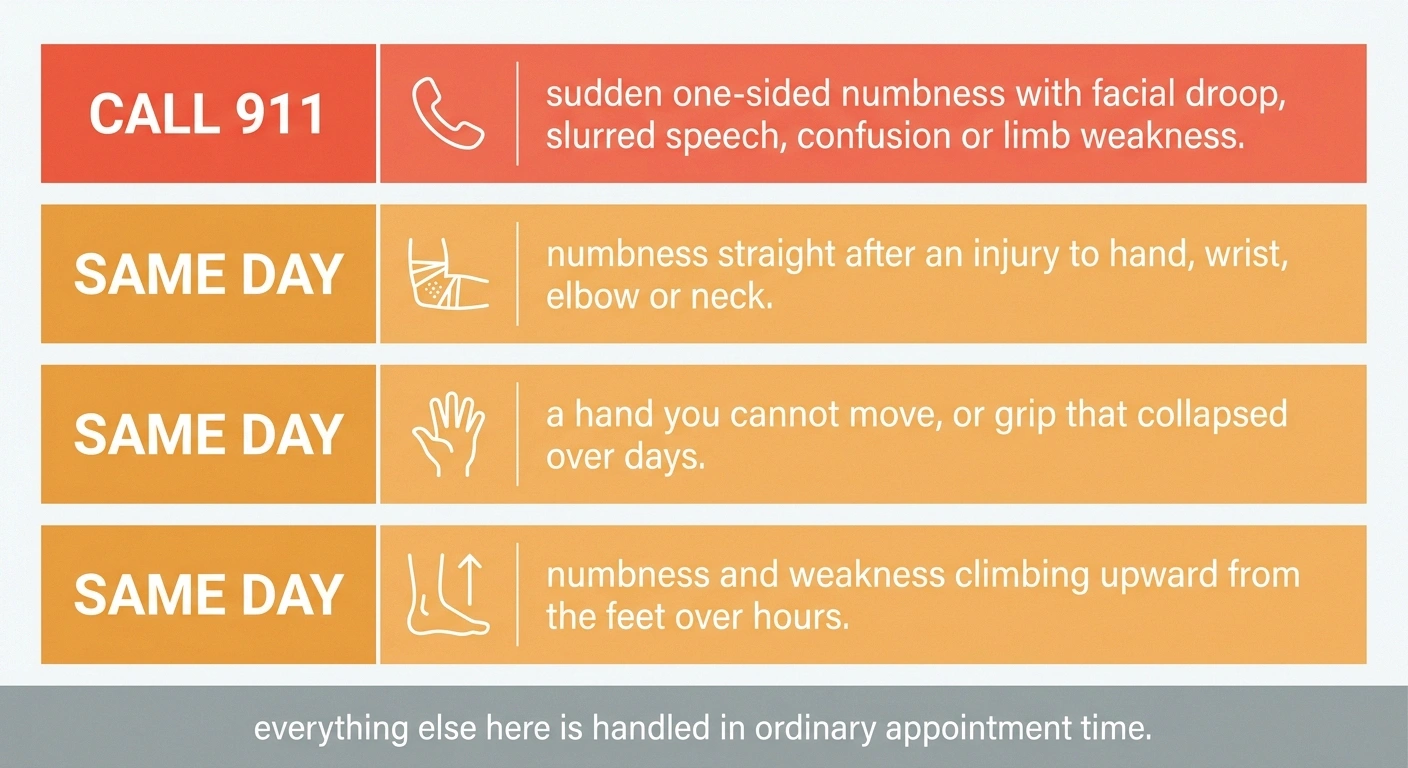 Four-band triage card separating call-911 signs from same-day signs.