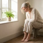 Woman on a bench by a window looking down and comparing both bare feet.