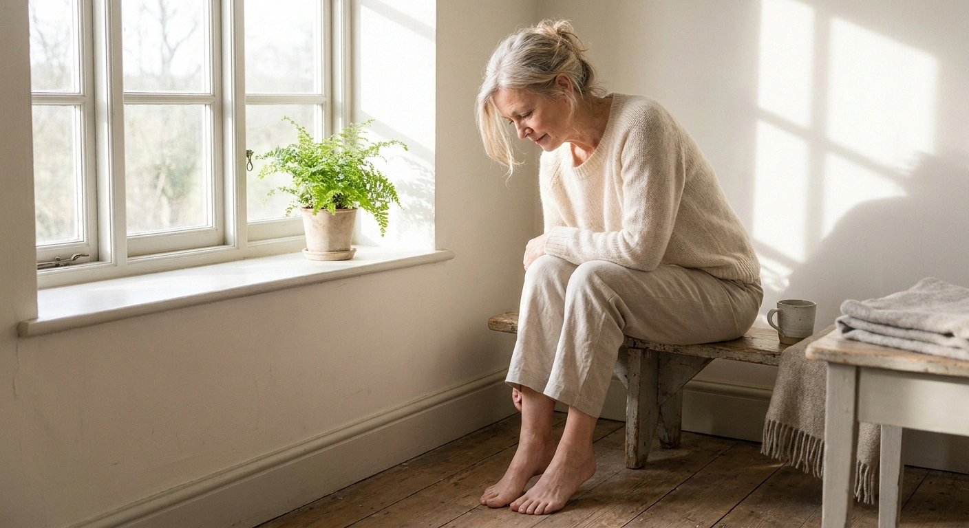 Woman on a bench by a window looking down and comparing both bare feet.