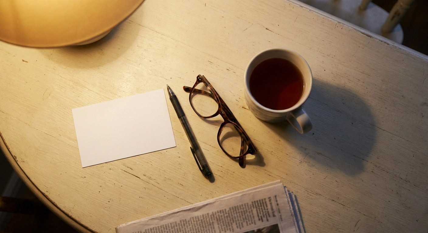 Blank index card on a kitchen table beside a pen, glasses and a mug.