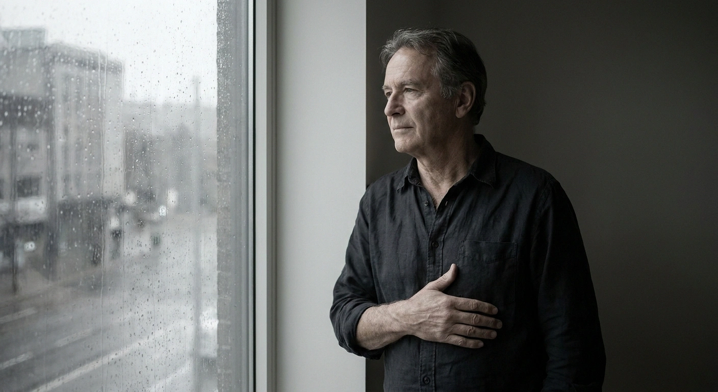 Man at a grey window, one hand resting on his ribs.