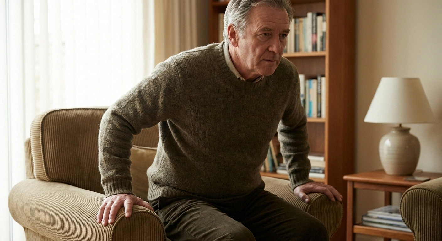 Older man pushing up on the arms of a low chair as he stands.