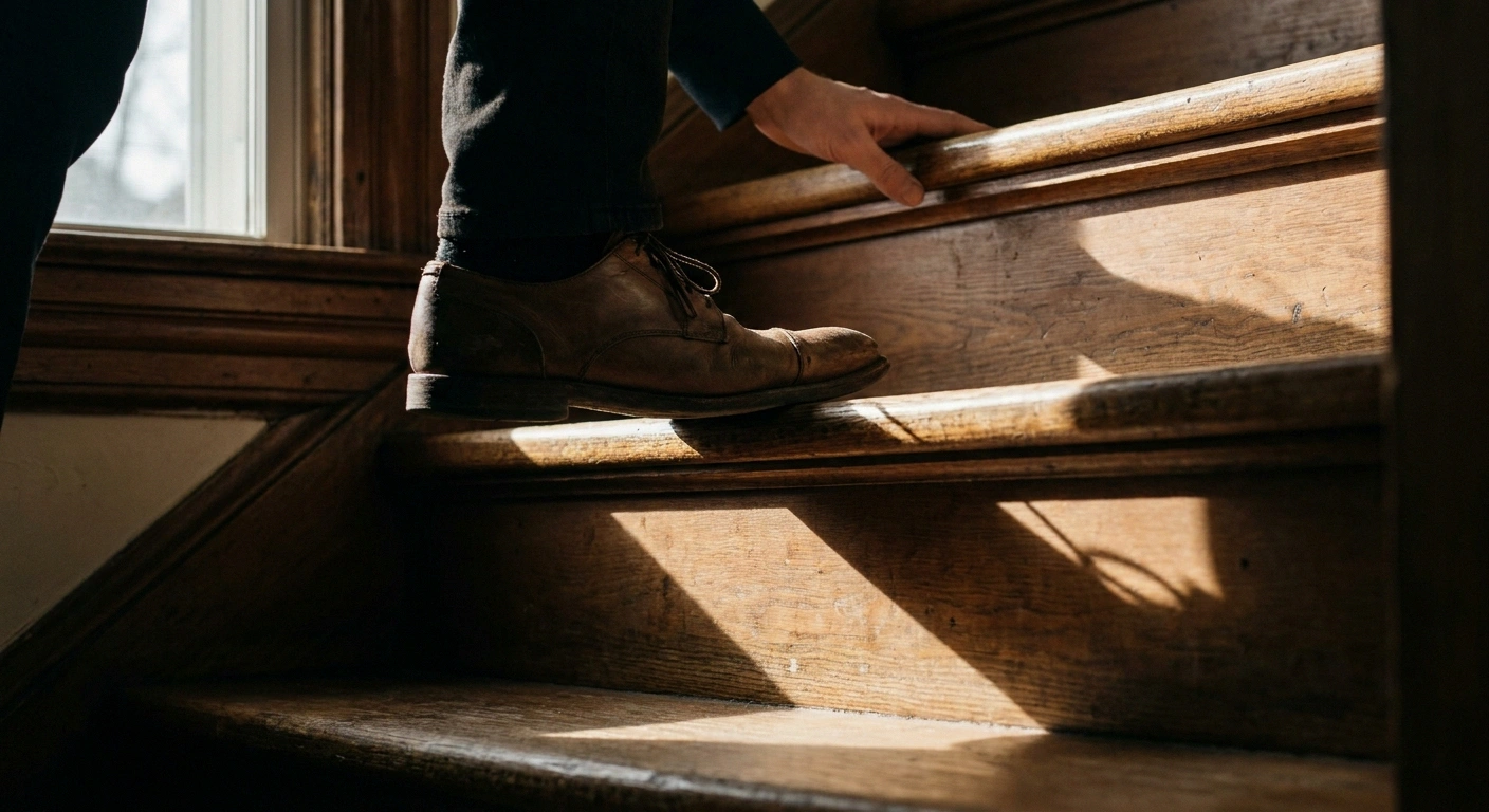 Side view of a shoe placed carefully on a stair tread edge.