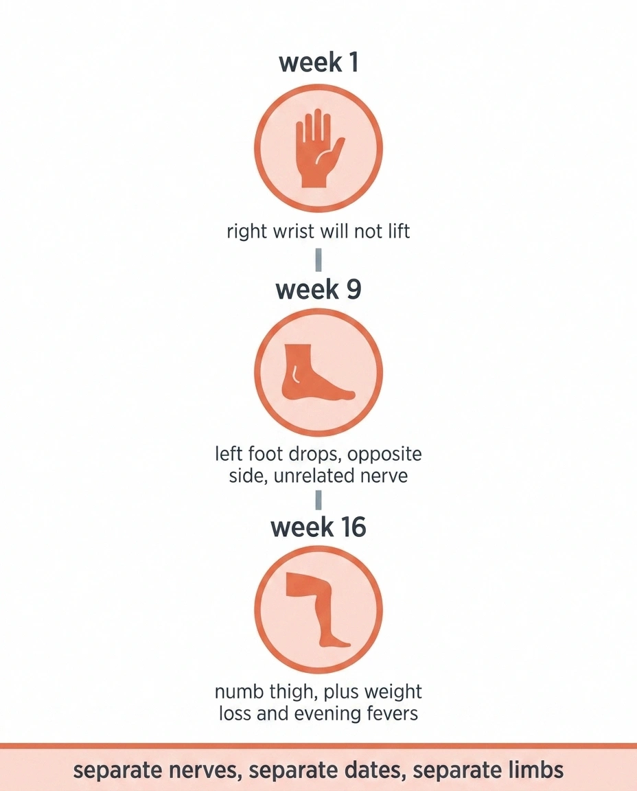 Timeline showing three separate nerve problems appearing weeks apart.