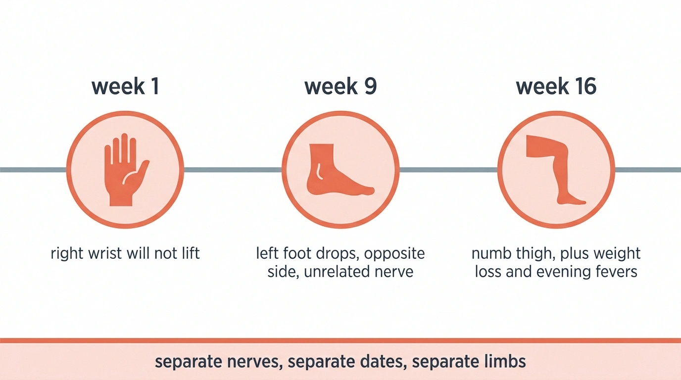 Timeline showing three separate nerve problems appearing weeks apart.