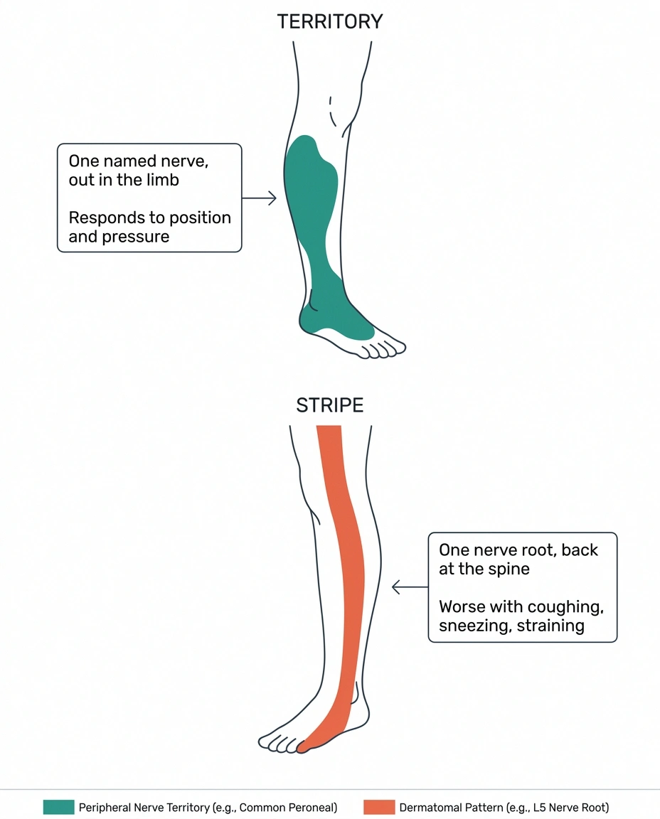 Two leg outlines contrasting a nerve territory patch with a nerve root stripe.