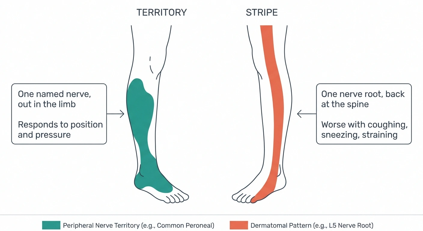 Two leg outlines contrasting a nerve territory patch with a nerve root stripe.