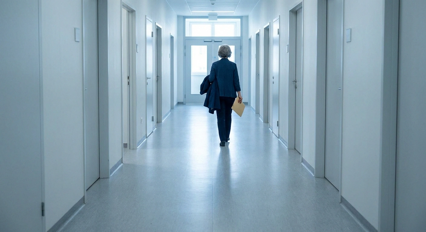 Woman walking down a bright empty clinic corridor holding a folder, seen from behind
