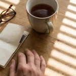Folded referral slip and reading glasses on a kitchen table in striped afternoon light