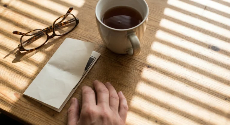 Folded referral slip and reading glasses on a kitchen table in striped afternoon light