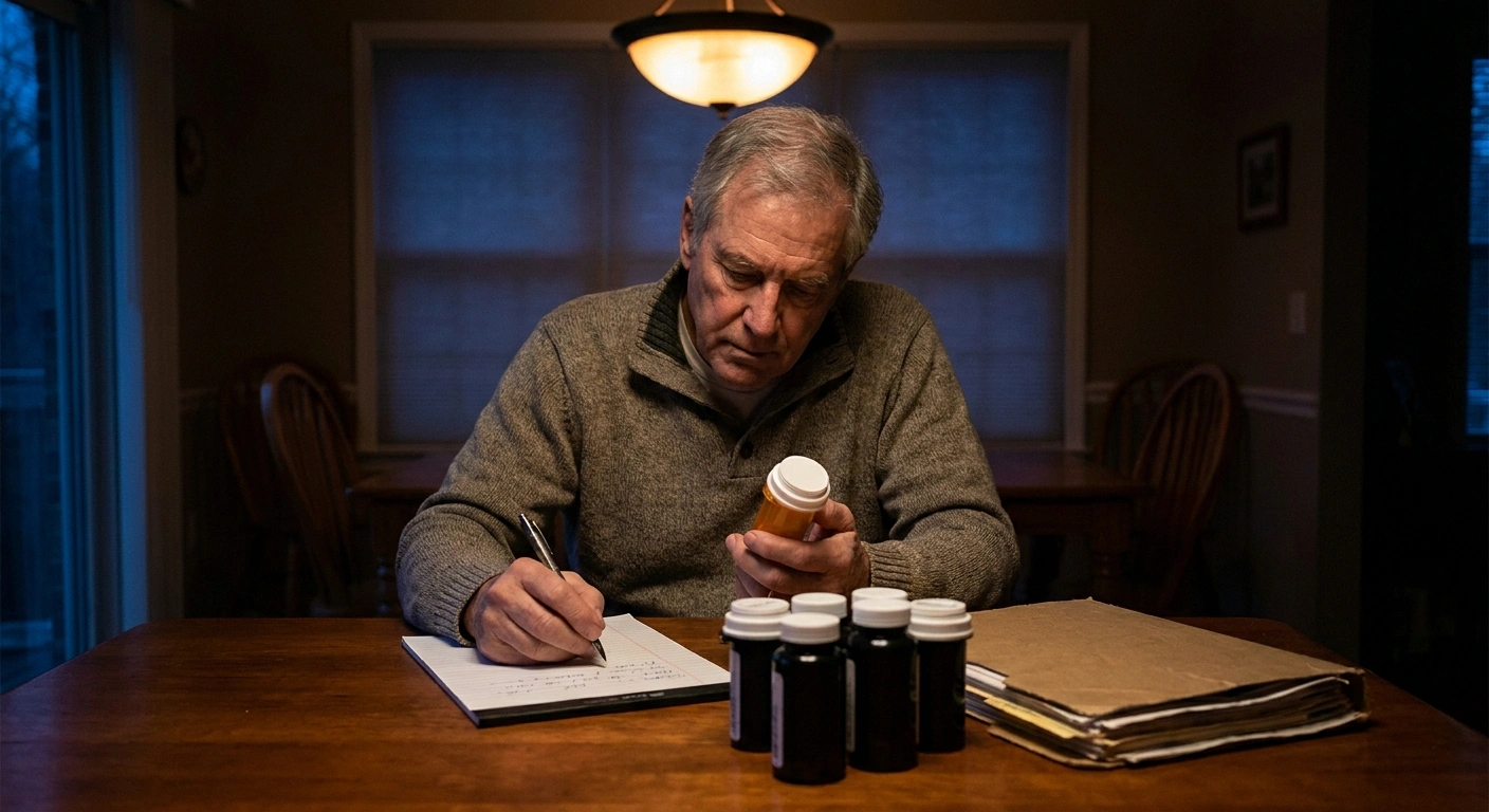 Older man writing a medication list at a dining table beside plain unlabelled bottles