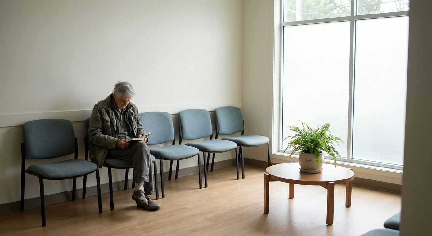 Quiet empty waiting area with one seated person under soft diffused window light