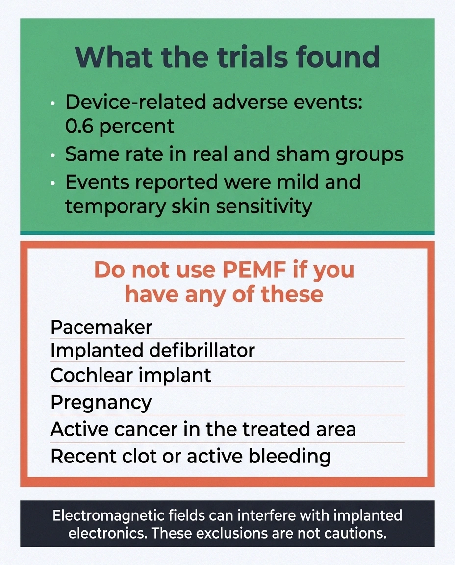 Panel showing PEMF trial safety data above an absolute list of contraindications